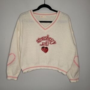 Romwe Strawberry Milk V-Neck Sweater - Cream and Pink Kawaii Size L